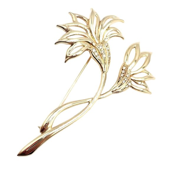 Rare! Vintage Mikimoto 18k Yellow Gold Diamond Large Double Flower Brooch - Picture 10 of 10